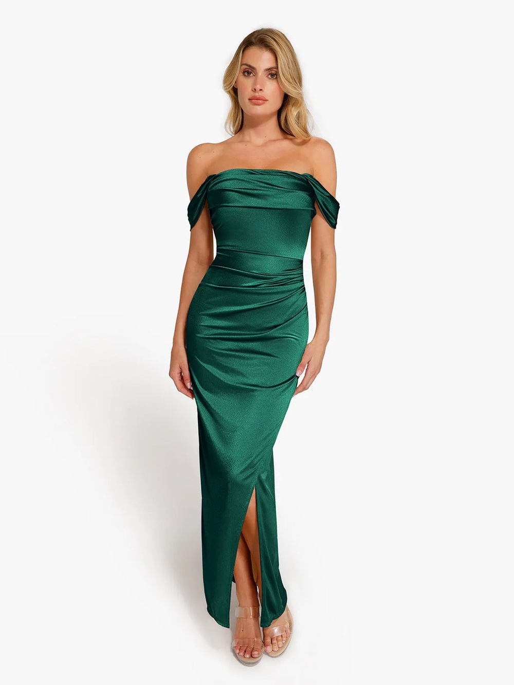 Popilush Shapewear Off Shoulder Shine Ruched Sculpting Maxi Dress
